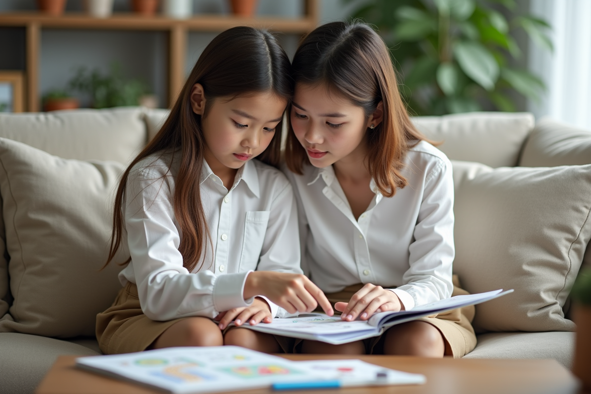 Fille de 10 ans avec sa mère en activité éducative