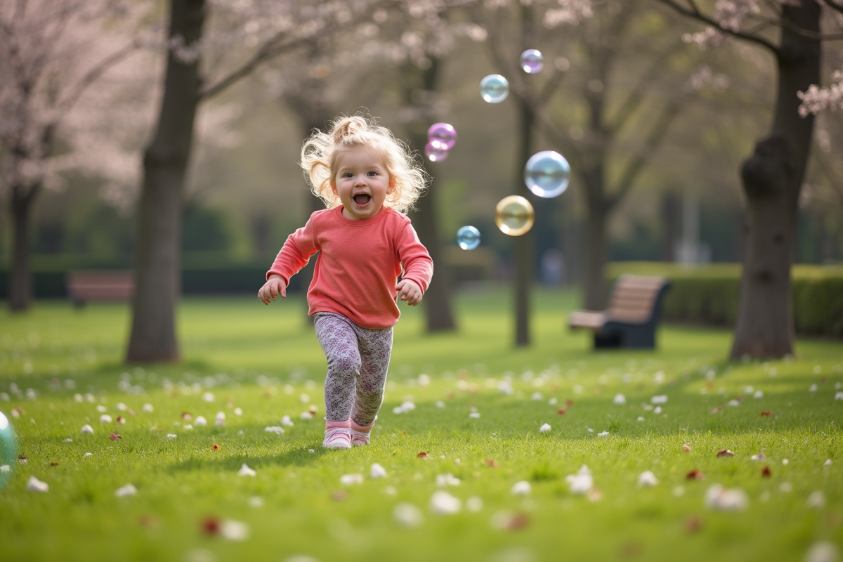 Fille de deux ans chase des bulles dans un parc