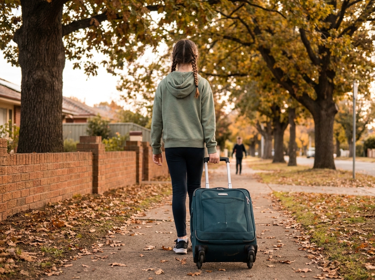 Jeune fille avec un cartable à roulettes teal marchant sur un trottoir bordé d'arbres en automne