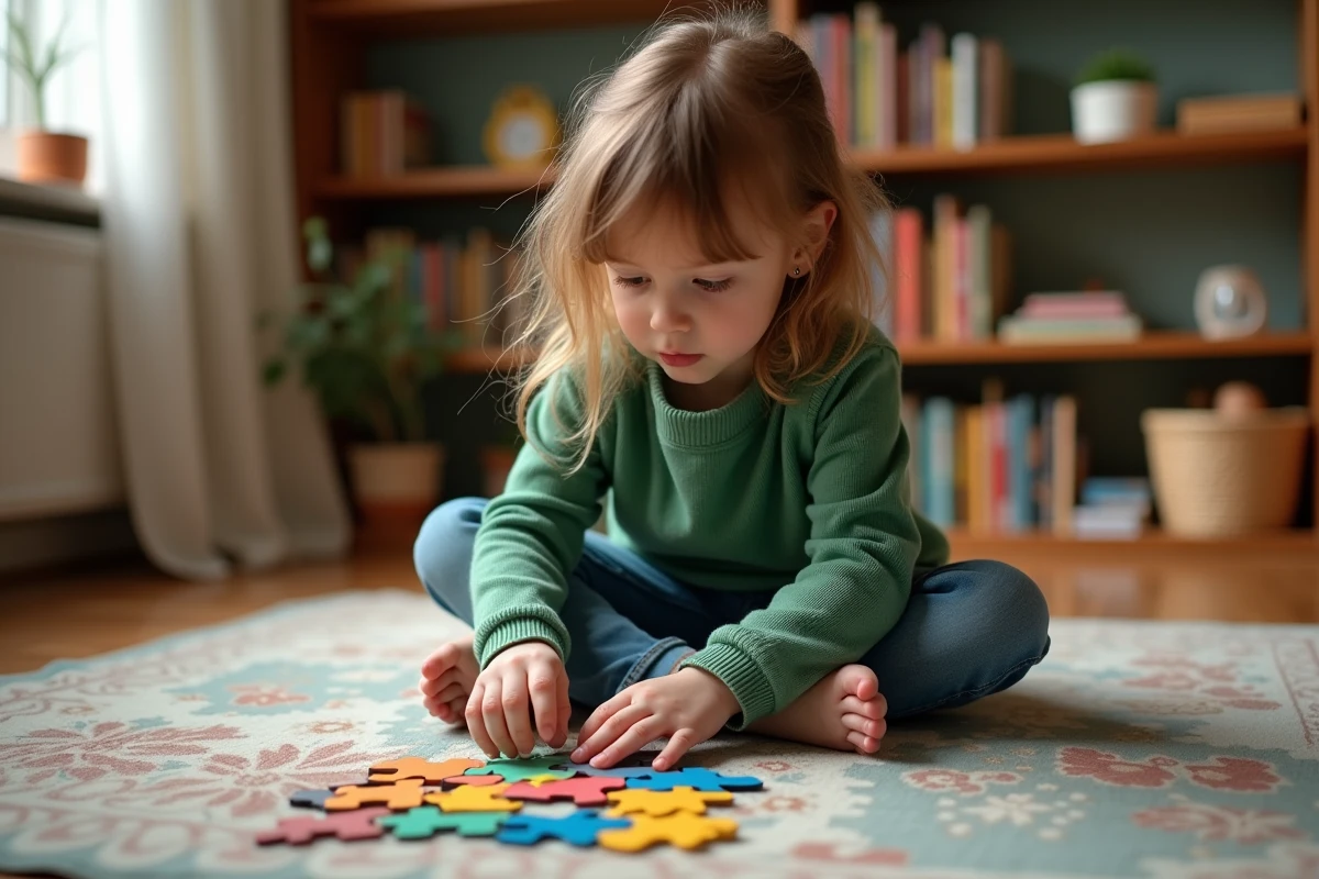 Jeune fille de 4 ans résolvant un puzzle coloré