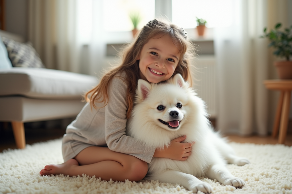 Jeune fille heureuse avec un chien Spitz blanc dans le salon