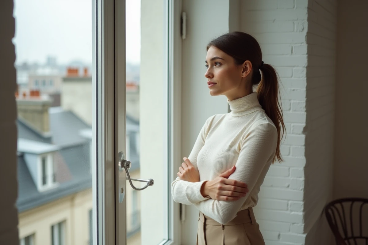 Jeune femme près d'une fenêtre parisienne avec une expression introspective, ambiance appartement minimaliste