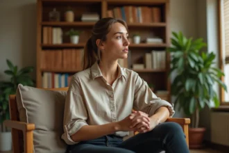 Jeune femme assise dans un salon chaleureux, expression pensive et confidentielle lors d'une interview intime