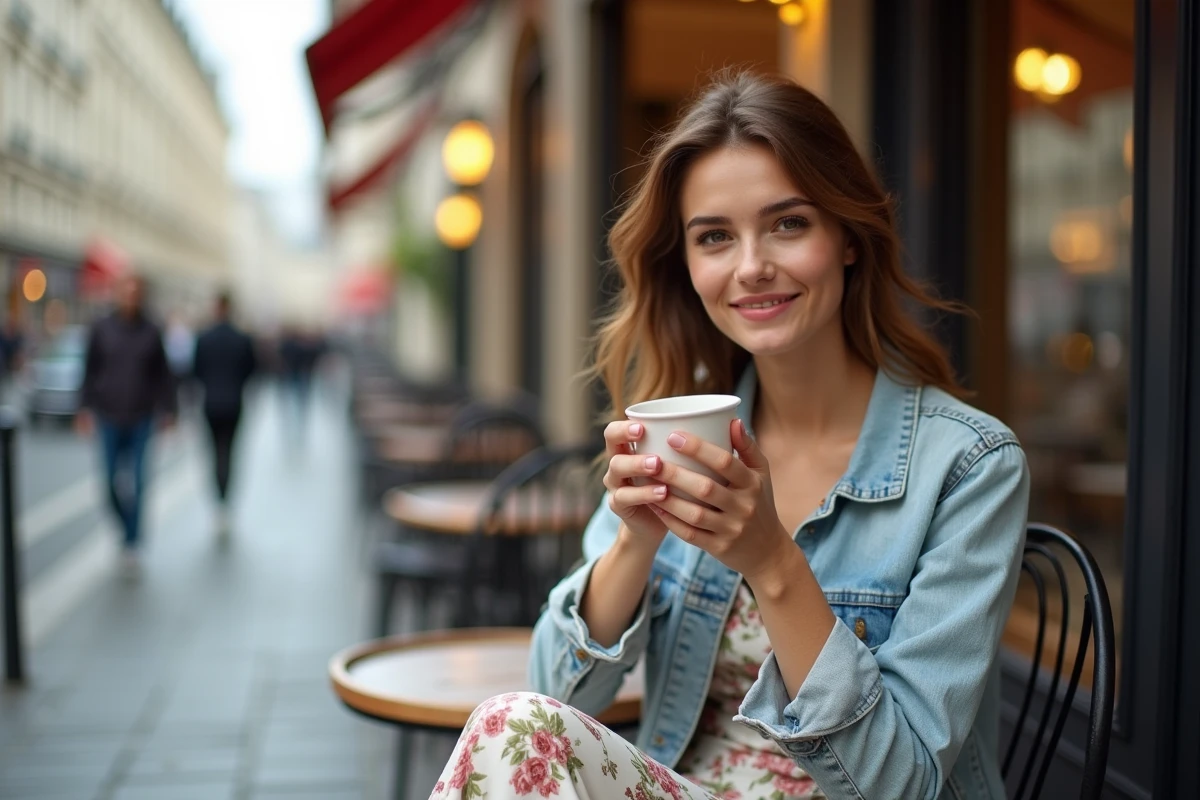 Jeune femme souriante en terrasse de café parisien, tasse de café en main, atmosphère de confidence détendue