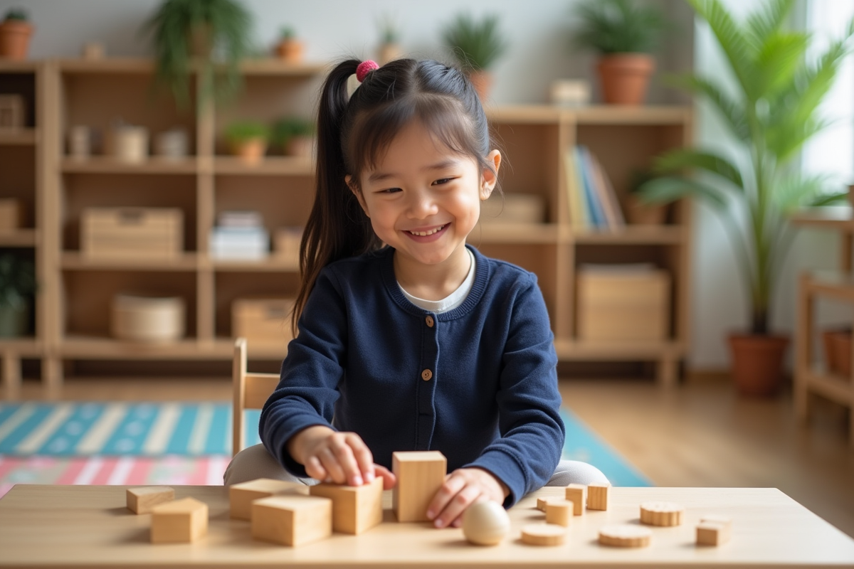 Jeune fille souriante arrangeant formes en bois en classe Montessori