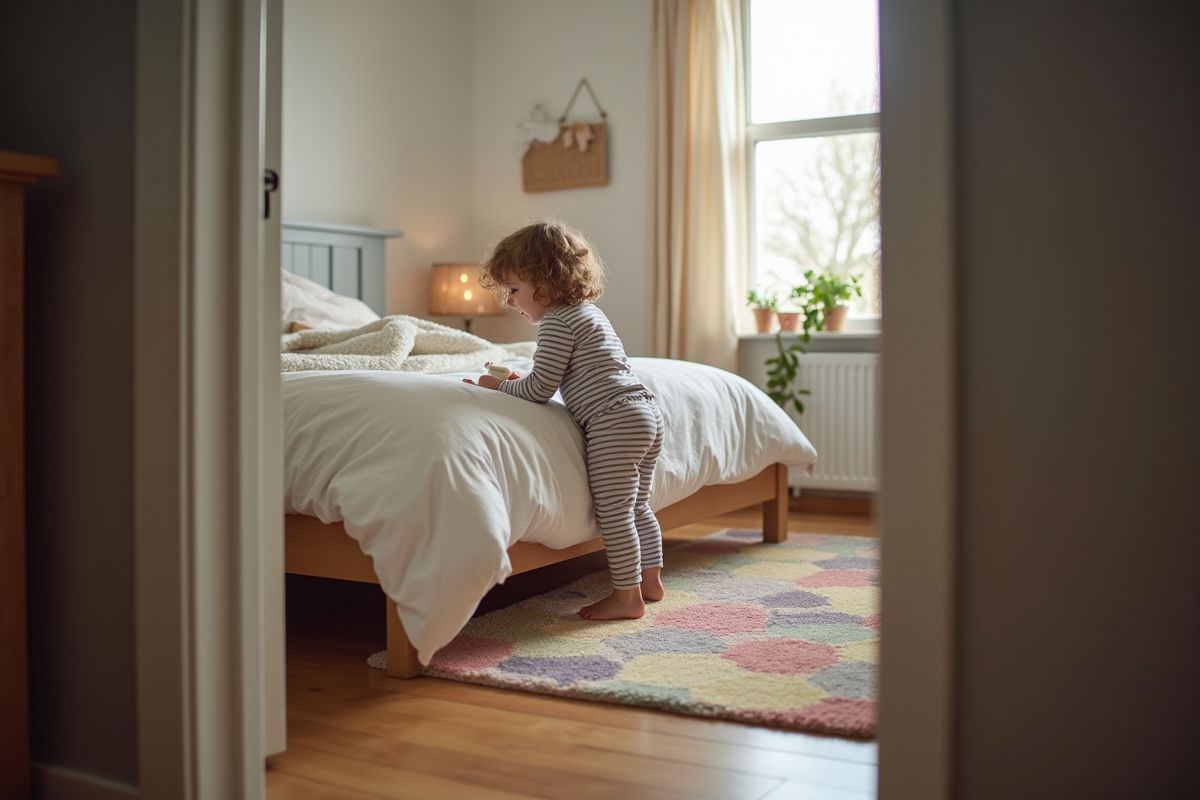 Fille en pyjama grimpe dans son grand lit avec un doudou