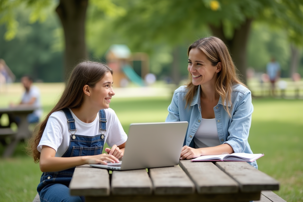 Fille dehors au parc travaillant sur son ordinateur avec sa mère