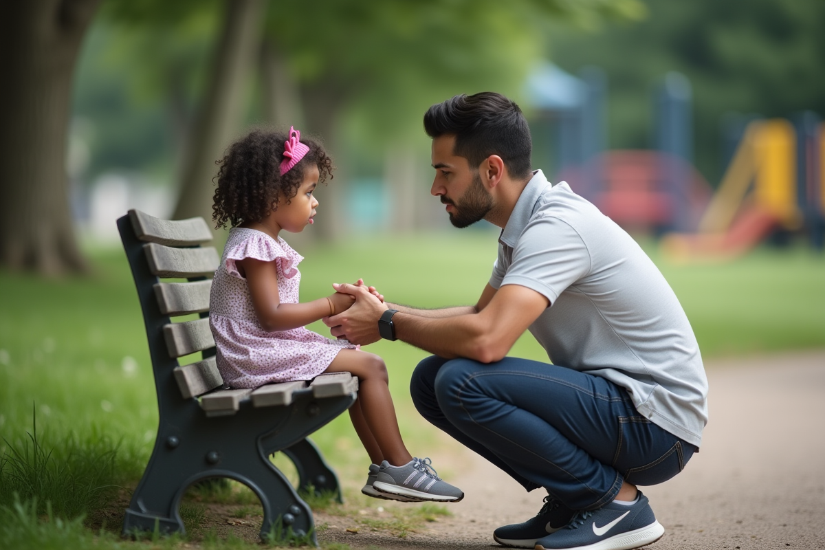 Fille de 6 ans assise sur un banc de parc avec un adulte