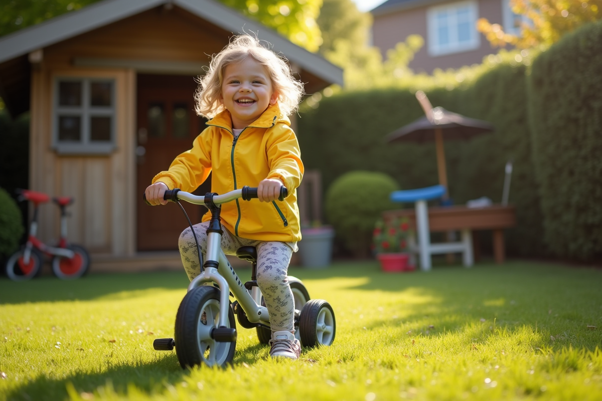 Fille de 3 ans riant en poussant vélo dans jardin