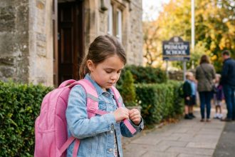 Fillette d'environ 7 ans avec un cartable ergonomique rose devant l'entrée de son école primaire