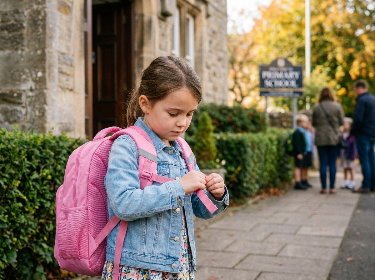 Fillette d'environ 7 ans avec un cartable ergonomique rose devant l'entrée de son école primaire