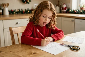 Fillette écrivant une lettre au père Noël avec un modèle imprimé et des ciseaux sur une table en bois