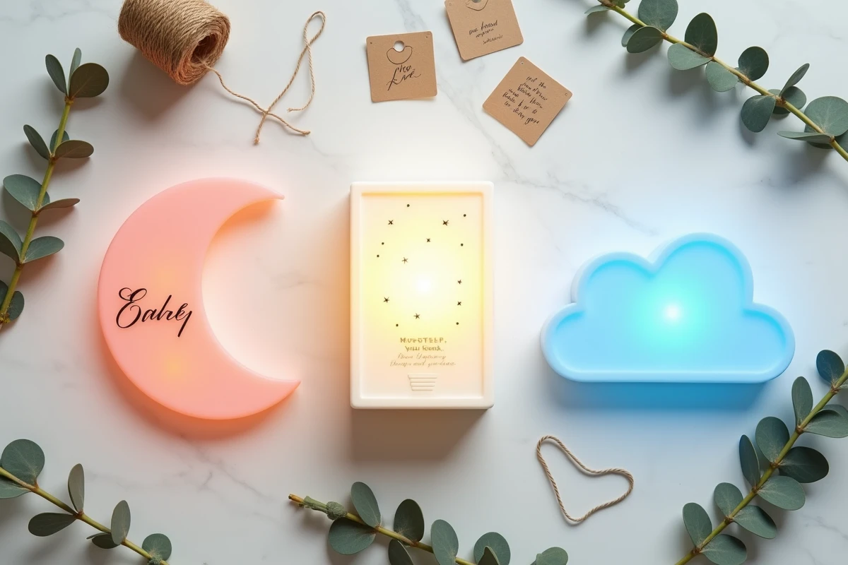 Vue de dessus de trois veilleuses personnalisées aux designs et couleurs variés présentées en flat lay sur marbre blanc