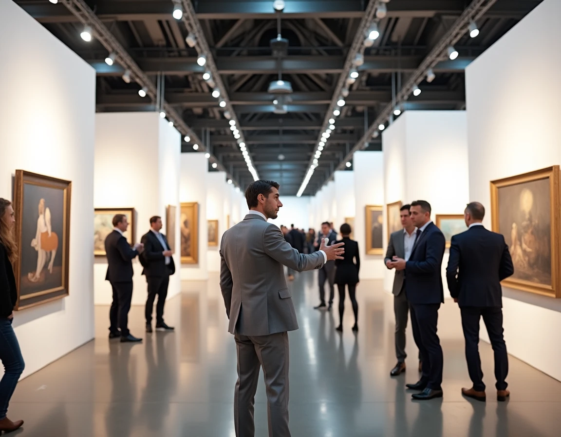 Vue intérieure d'une foire d'art contemporain avec des collectionneurs et professionnels discutant devant des œuvres exposées, illustrant les enjeux commerciaux et culturels du marché de l'art et de la dynastie Wildenstein