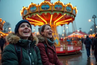Manège à sensations fortes de la Foire de Lille avec des adultes en plein air sous un ciel d'hiver