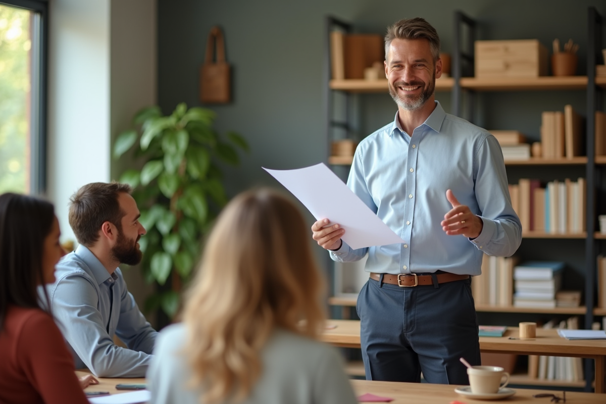 Homme en formation Montessori souriant avec certificats devant groupe