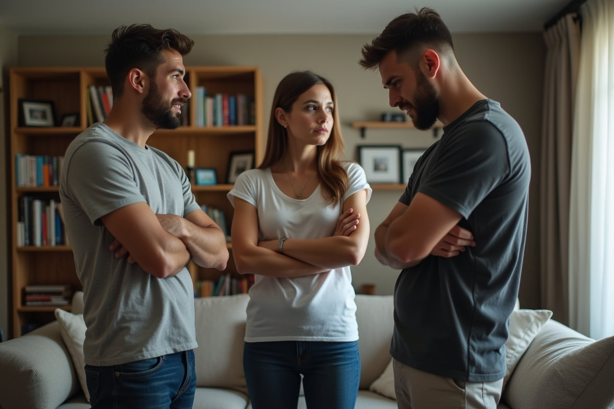 Trois adultes frères et sœurs dans un salon en conflit