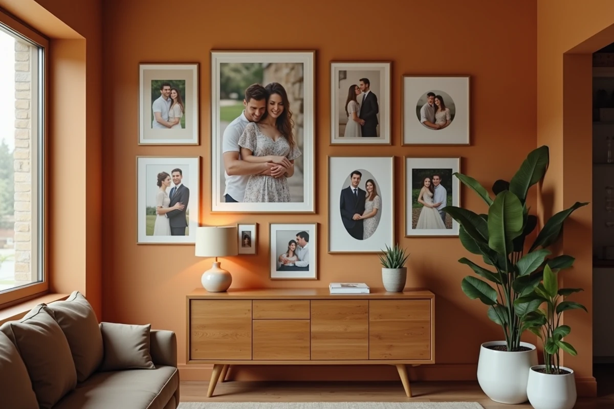 Galerie de portraits de couples dans une salle chaleureuse