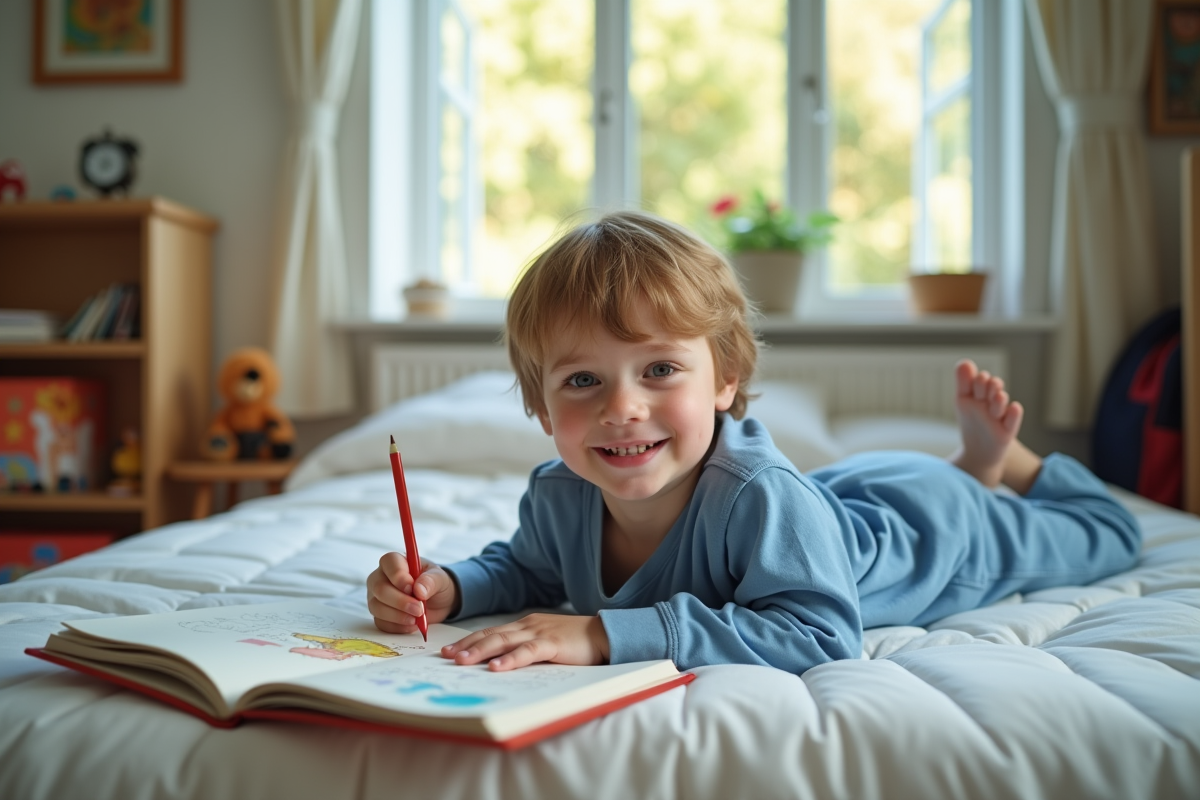 Garçon souriant dessinant avec des crayons dans sa chambre