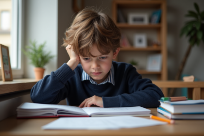 Garçon de 9 ans concentré sur ses devoirs à la maison