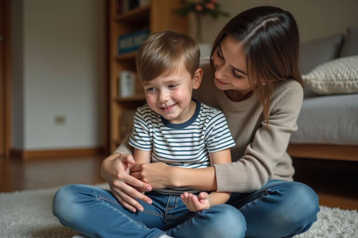 Garçon de 7 ans réconforte par une femme dans un salon
