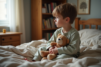 Garçon de 10 ans en pyjama coton regarde par la fenêtre