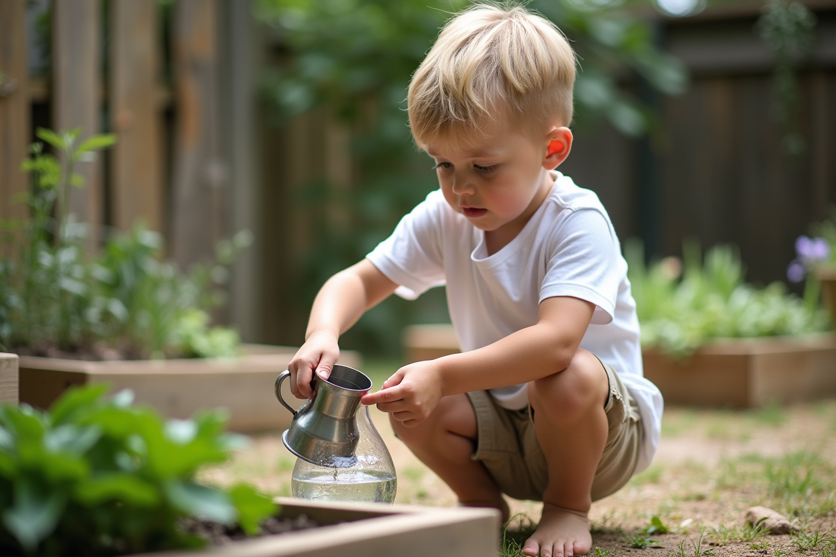 Garçon versant de leau dans un jardin Montessori en plein air