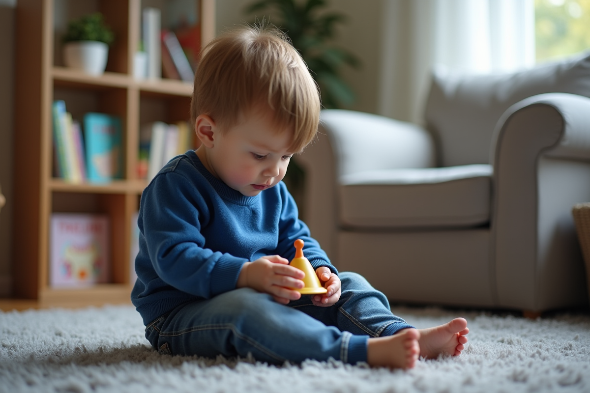 Jeune garçon de 3 ans regardant un jouet à roue dans un salon