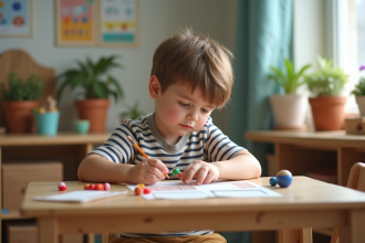 Garçon de 6 ans concentré à la table Montessori