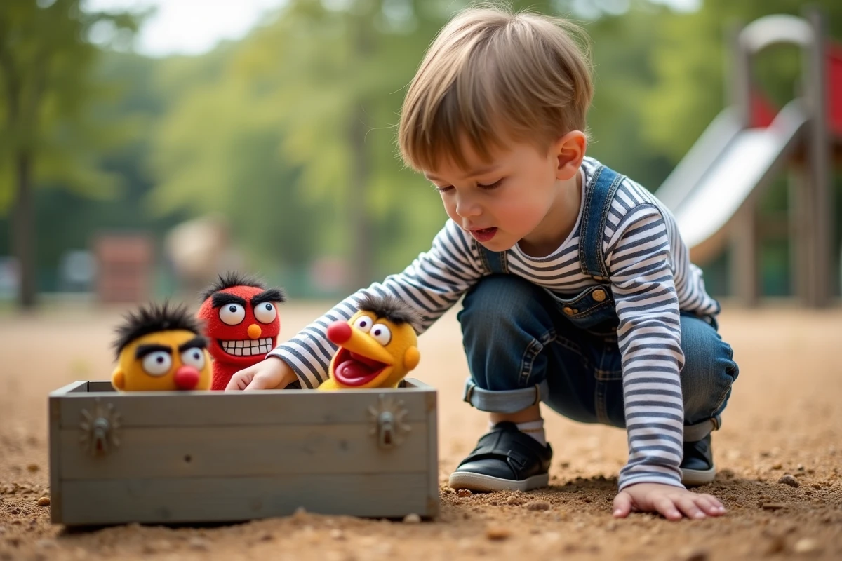 Garçon choisissant un puppet expression colère dans le parc