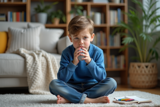 Jeune garçon de 8 ans avec balle anti-stress dans un salon