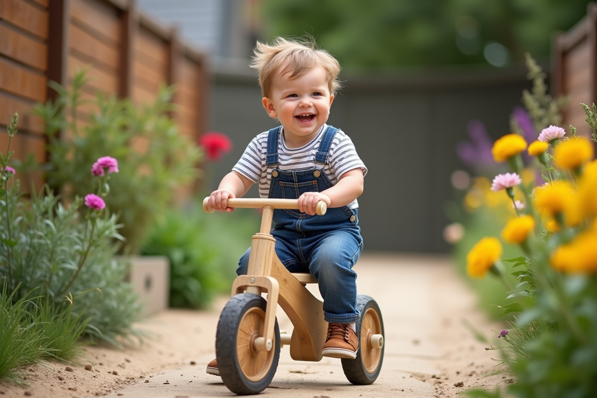Garçon de deux ans en salopette sur un vélo dans le jardin