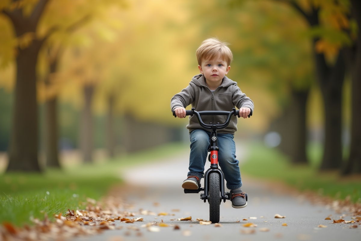 Garçon de 3 ans roulant à vélo dans un parc en plein air