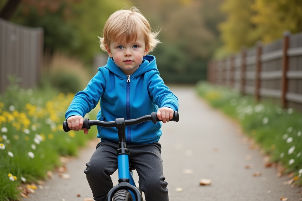 Garçon de 3 ans en hoodie bleu sur vélo dans parc