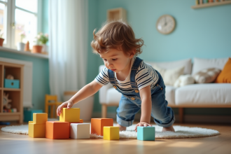 Garçon de deux ans grimpe dans le salon avec jouets