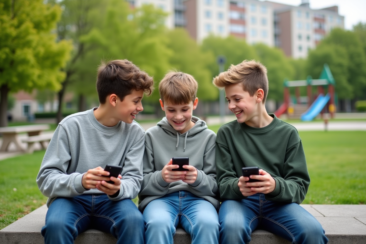 Trois garçons de 12-13 ans avec smartphones dans un parc