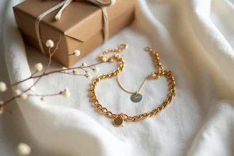 Gourmette dorée et pendentif gravé posés sur lin ivoire, tendances bijoux pour bébé 2026