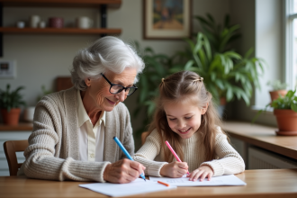 Une grand-mère aidant sa petite fille avec ses devoirs à la maison