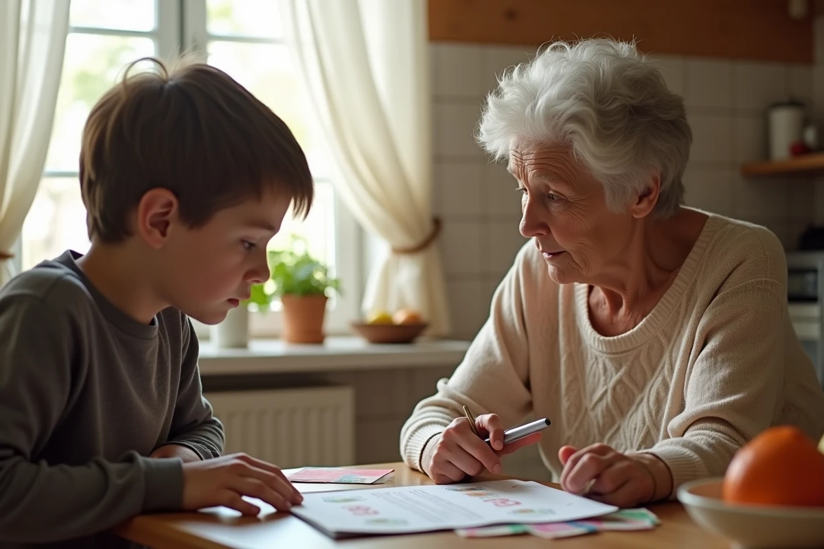 Grand-mère expliquant les règles de La Bonne Paye à son petit-fils dans une cuisine familiale