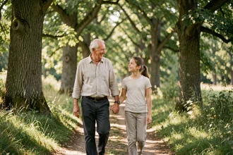 Grand-père et petite-fille se promenant ensemble sur un sentier forestier en France pour la fête des grands-pères