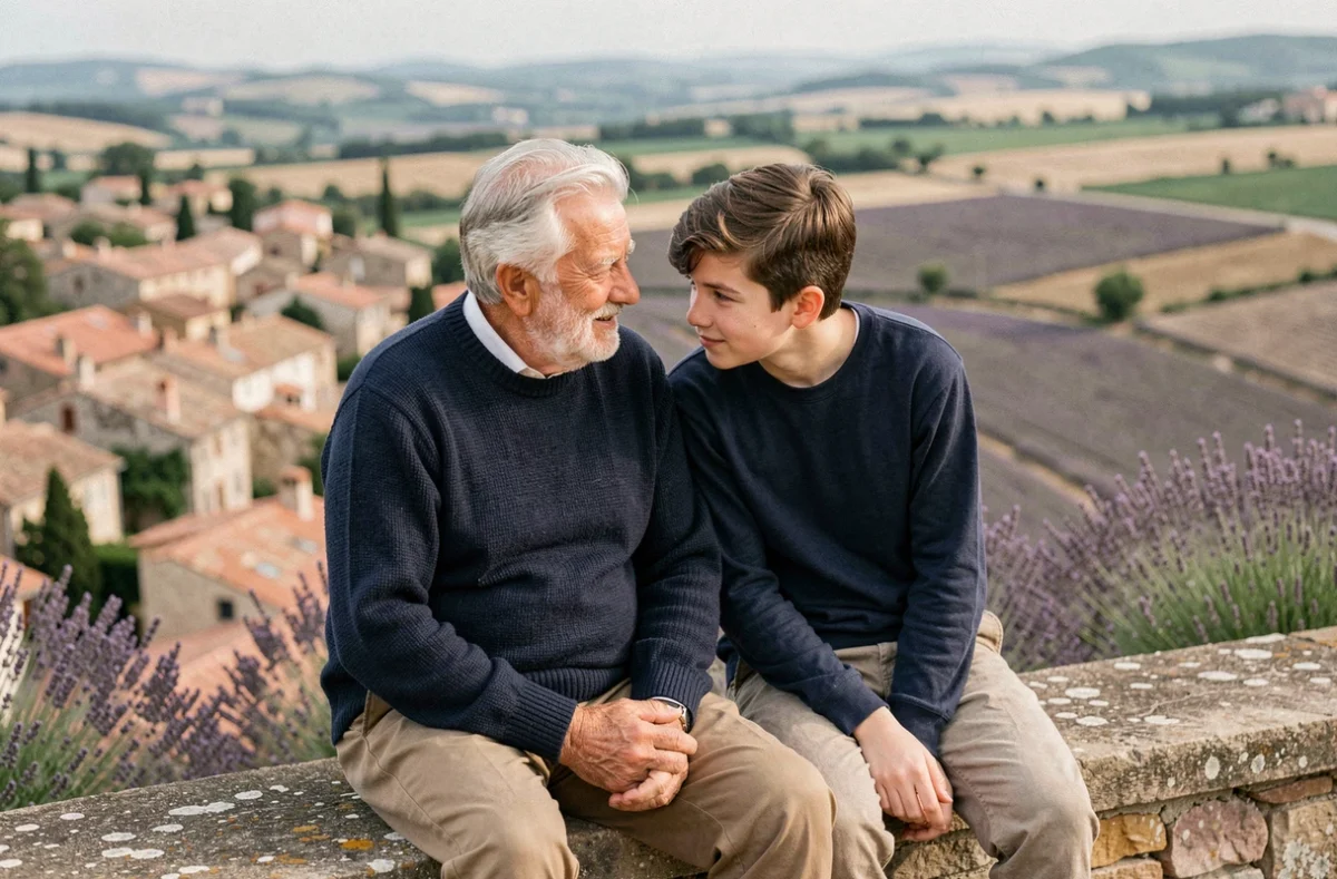 Grand-père et petit-fils admirant un paysage provençal depuis un banc en pierre lors d'une sortie pour la fête des grands-pères