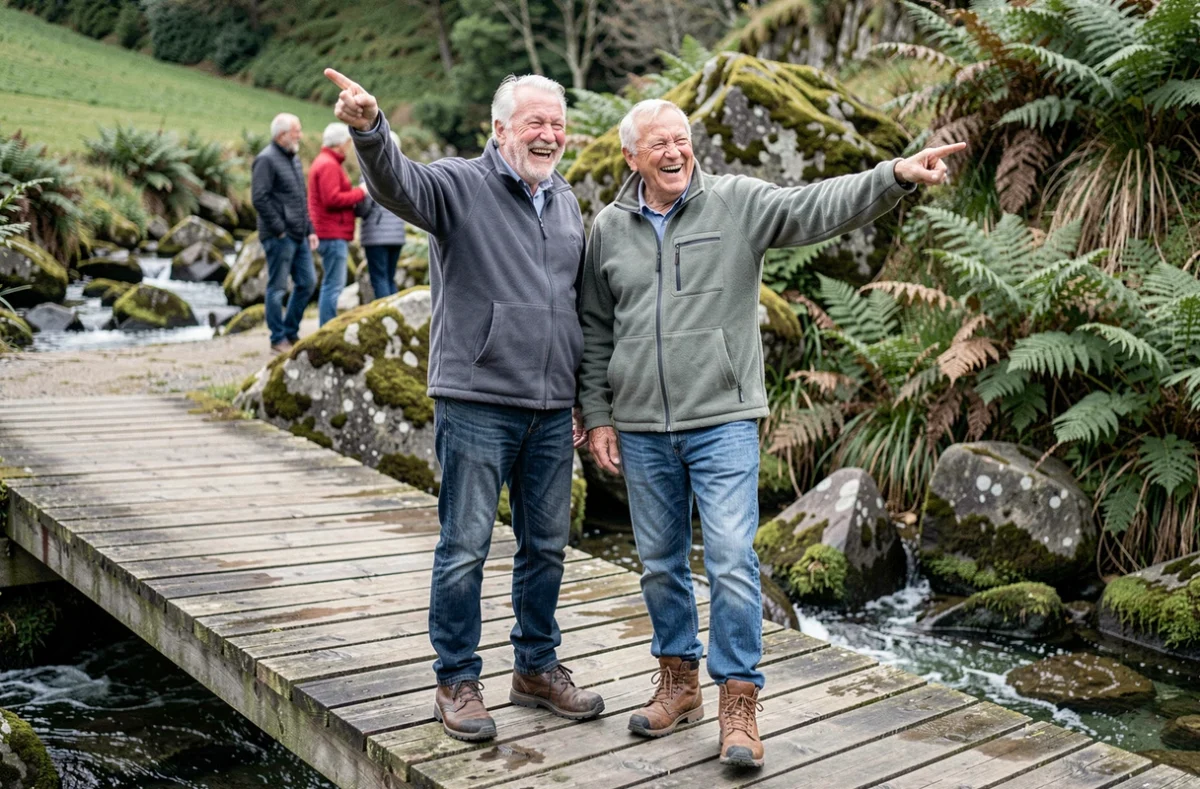Deux grands-pères en excursion familiale sur un pont en bois dans un parc naturel breton pour la fête des grands-pères 2026