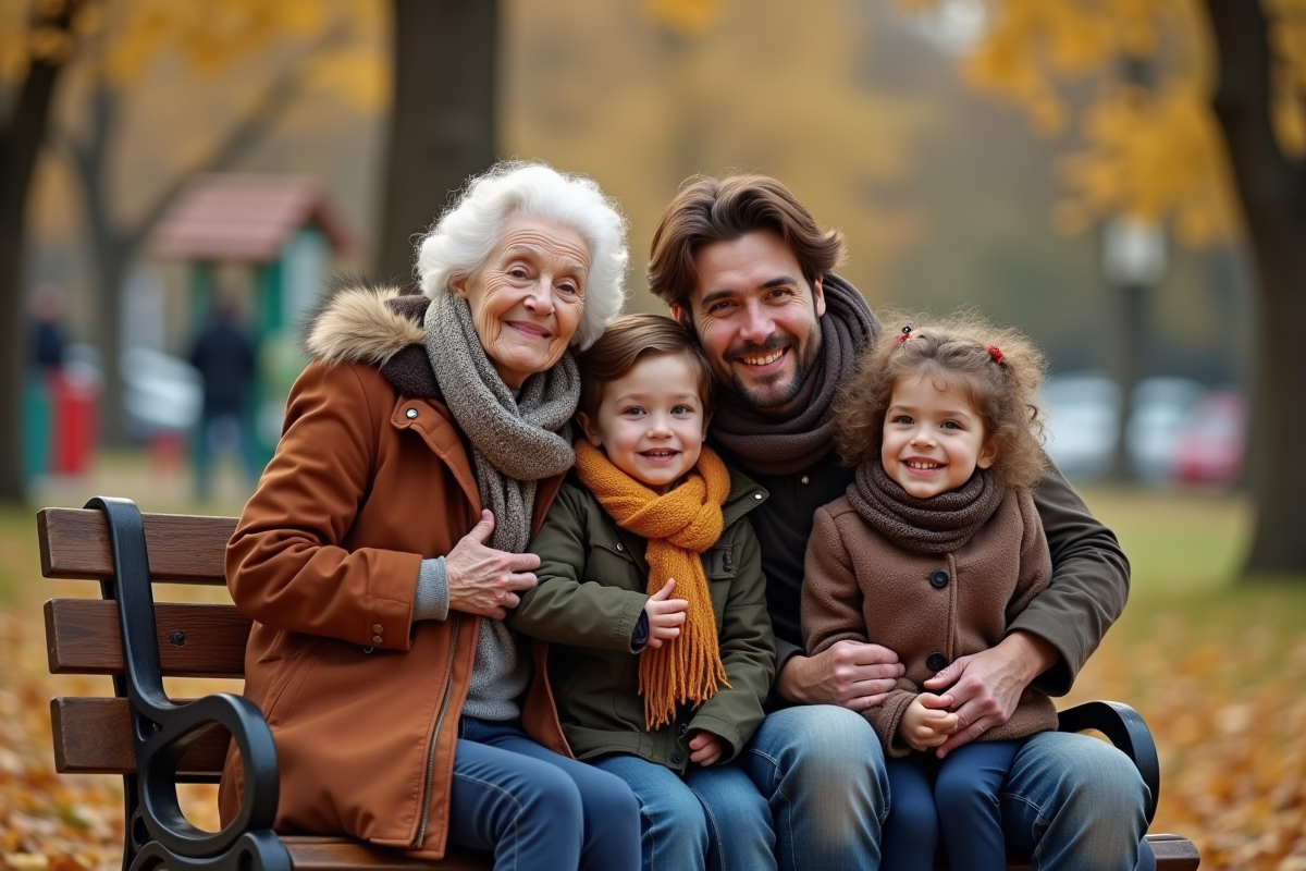 Groupe familial souriant sur un banc dans un parc en automne