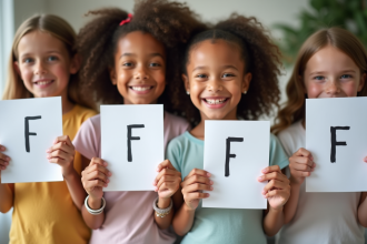 Enfants souriants tenant des cartes avec la lettre F