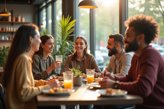Groupe divers partageant un repas dans un café lumineux