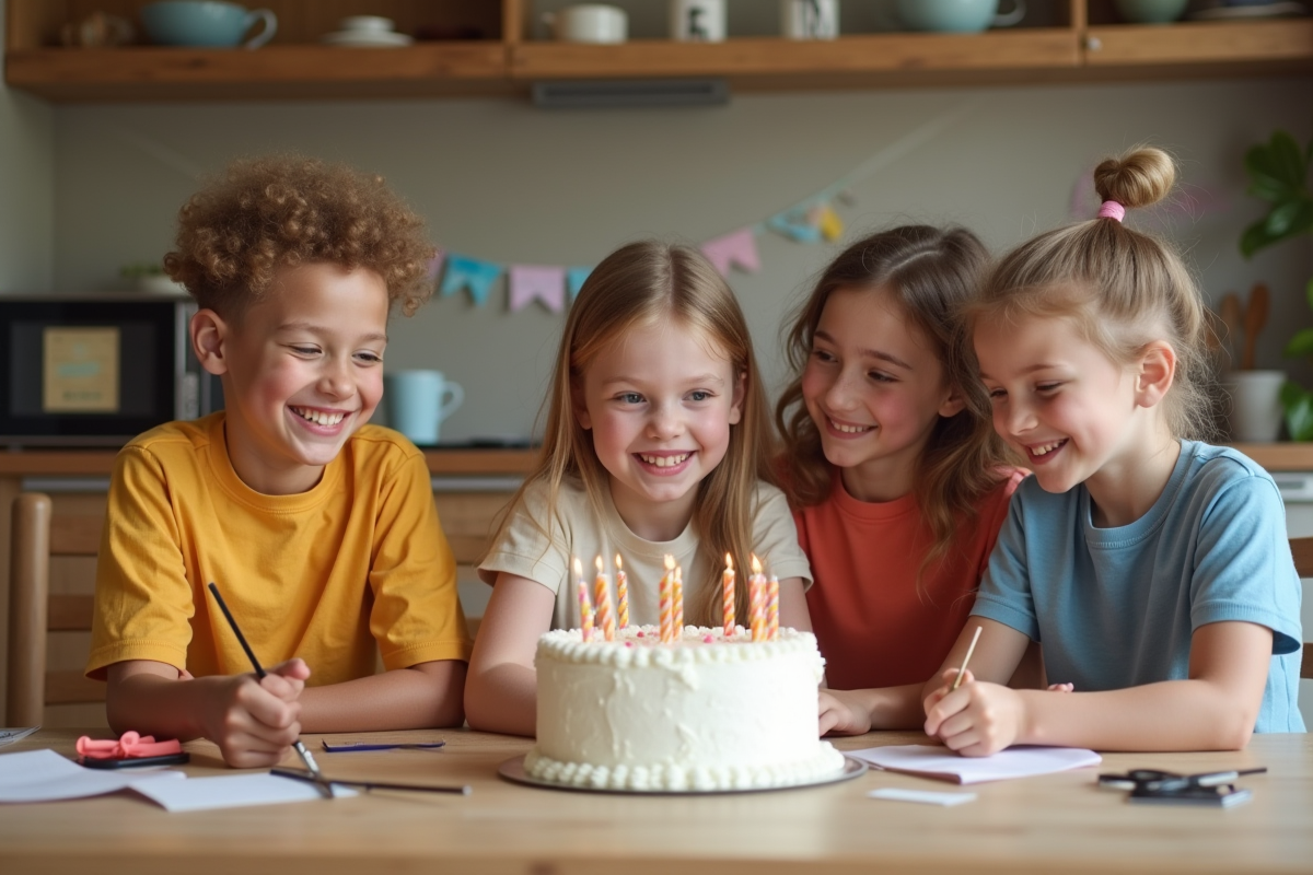 Enfants souriants autour d'un gâteau d'anniversaire coloré