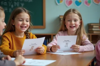 Enfants souriants chantant avec paroles dans une classe