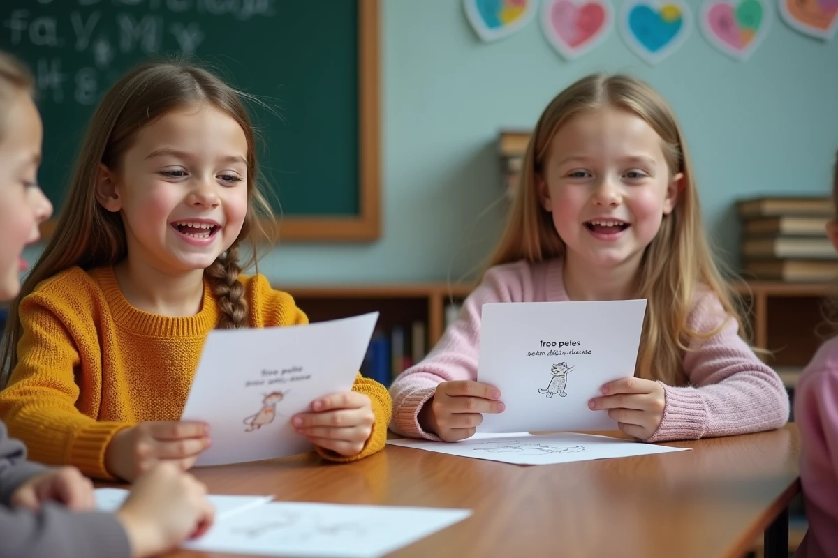 Enfants souriants chantant avec paroles dans une classe