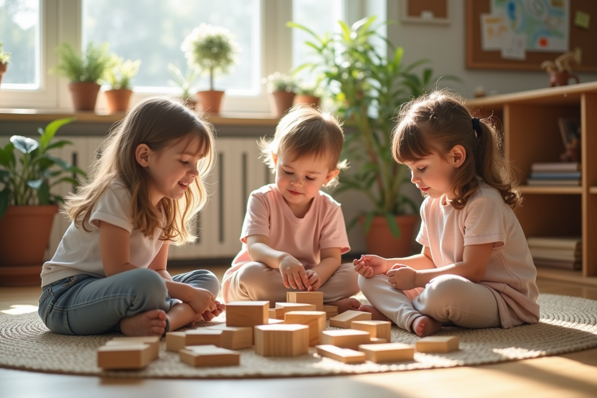 Trois enfants Montessori jouant avec des blocs en classe