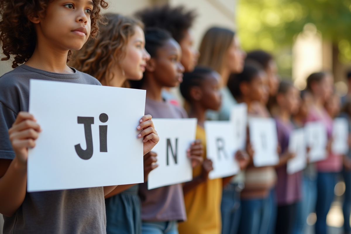 Groupe de personnes tenant des pancartes avec noms en J en extérieur
